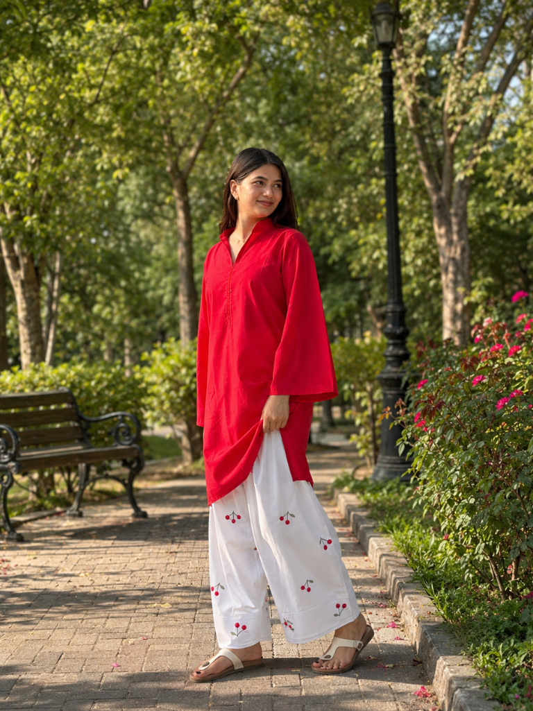 Beautiful Cotton Flex Kurti with Farsi Salvar with Embroidery Work