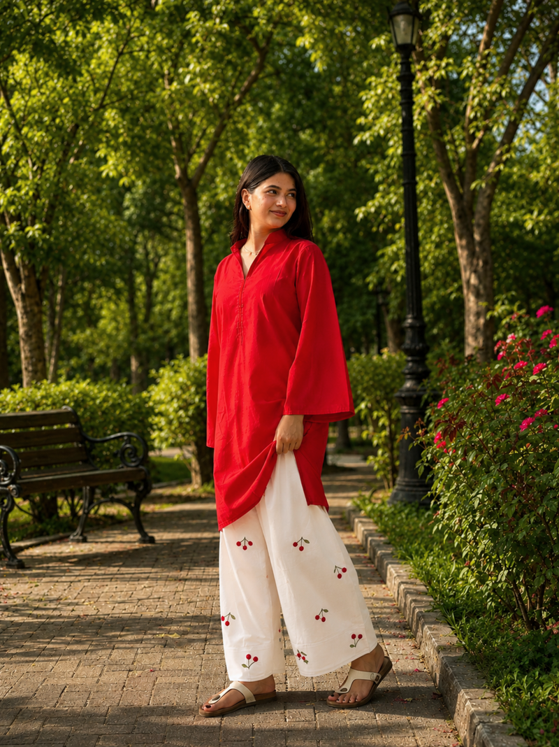 Beautiful Cotton Flex Kurti with Farsi Salvar with Embroidery Work