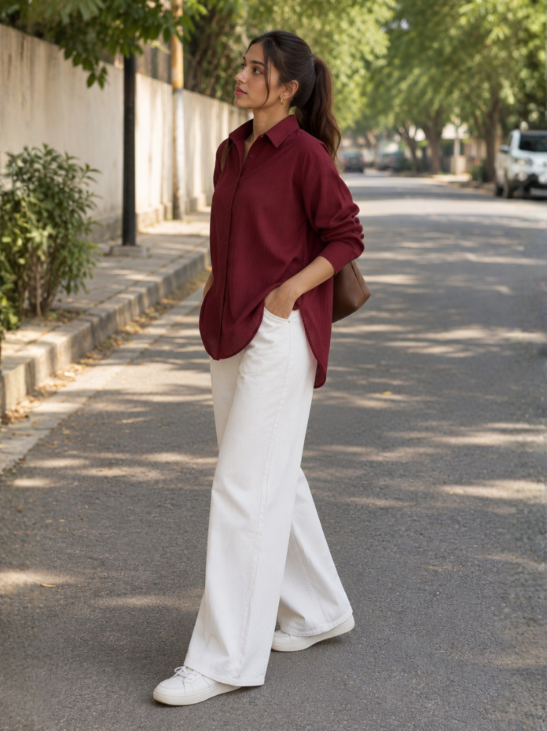 Women’s Maroon Solid Relaxed Fit Full Sleeve Shirt