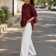 Women’s Maroon Solid Relaxed Fit Full Sleeve Shirt