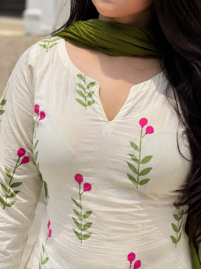 Off White Floral Printed Cotton Kurta Palazzo Set with Olive Green Dupatta