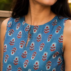 Blue Pure Cotton Printed Round Neck Sleeveless Hip Length Straight Kurta Farshi Salwar And Dupatta Set