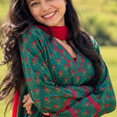 Teal Green Floral Printed Cotton Kurta Salwar Set with Red Chiffon Dupatta (KSDGREENKUSHA)