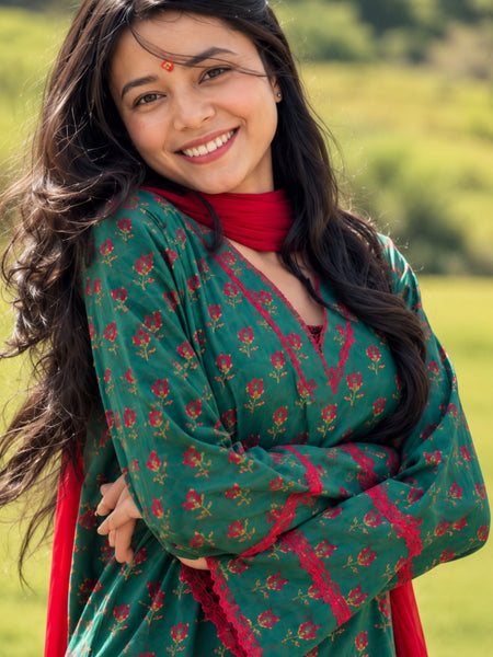 Teal Green Floral Printed Cotton Kurta Salwar Set with Red Chiffon Dupatta (KSDGREENKUSHA)