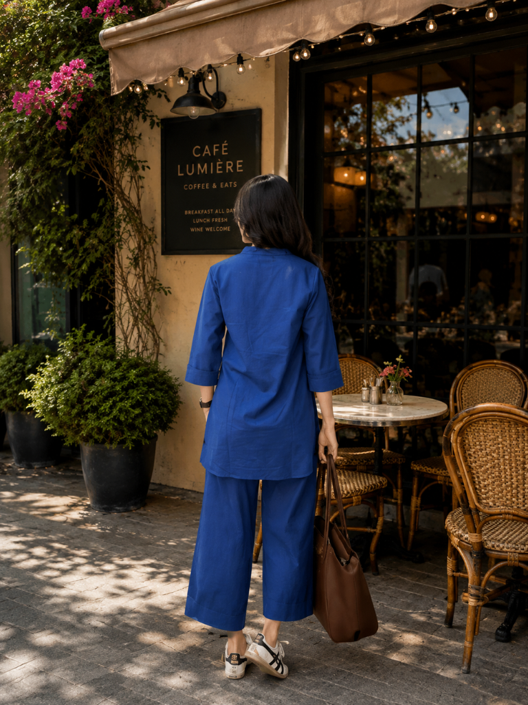 Navy Blue Solid Cotton Co-Ord Set for Women