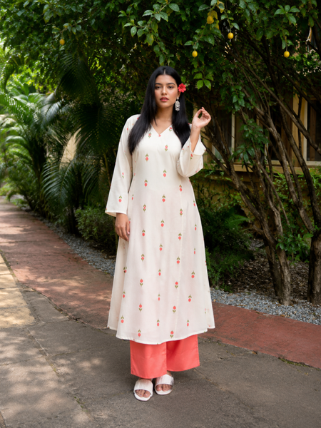 Women Floral Printed Kurta & Coral Palazzo Set (KPCREAMHEAT)