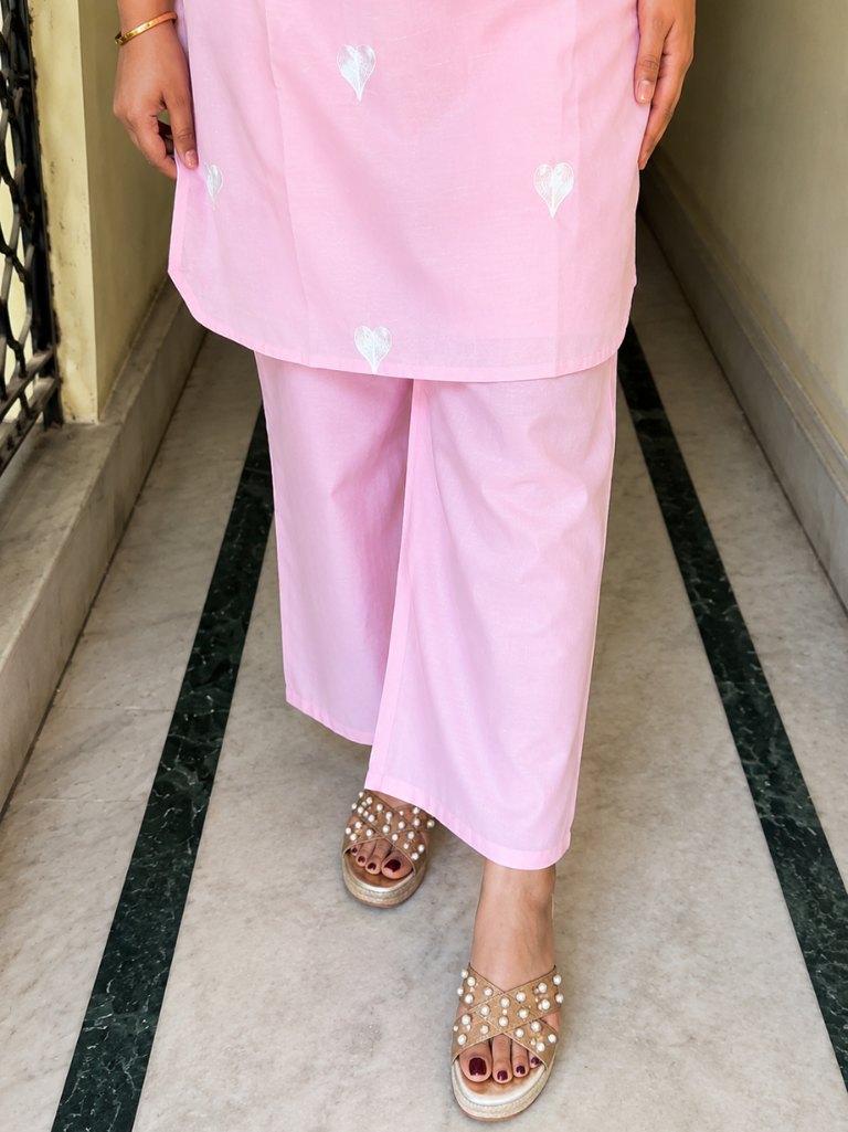 Blush Pink Embroidered Cotton Kurta & Straight Pant Co-Ord Set