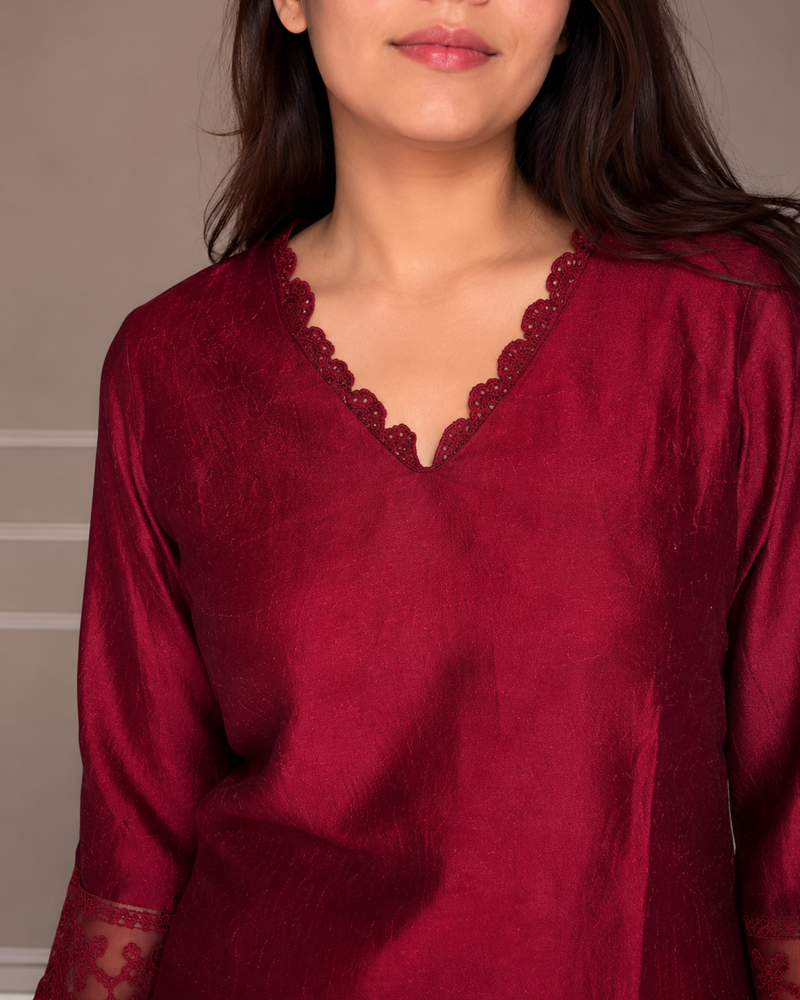 Stylum Women's Embroidered Kurta Set with Sheer Lace Dupatta