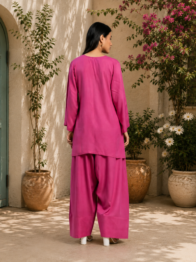 Fuchsia Pink Solid Co-Ord Set for Women