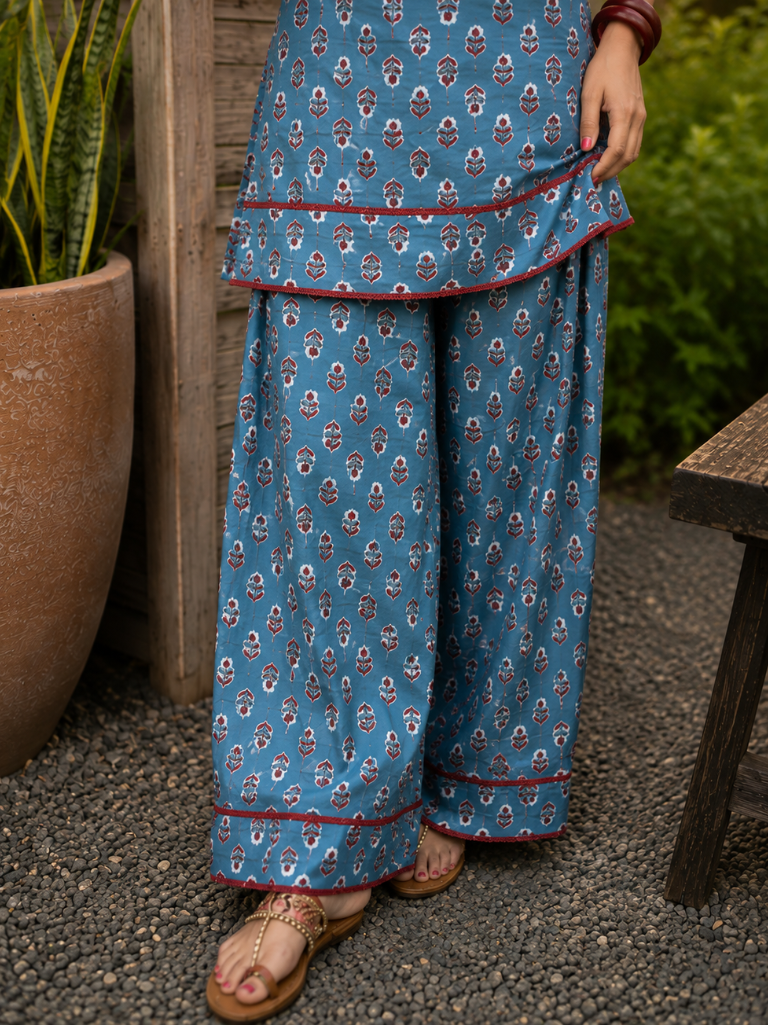 Blue Pure Cotton Printed Round Neck Sleeveless Hip Length Straight Kurta Farshi Salwar And Dupatta Set