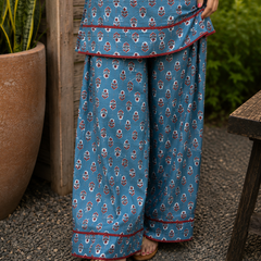 Blue Pure Cotton Printed Round Neck Sleeveless Hip Length Straight Kurta Farshi Salwar And Dupatta Set