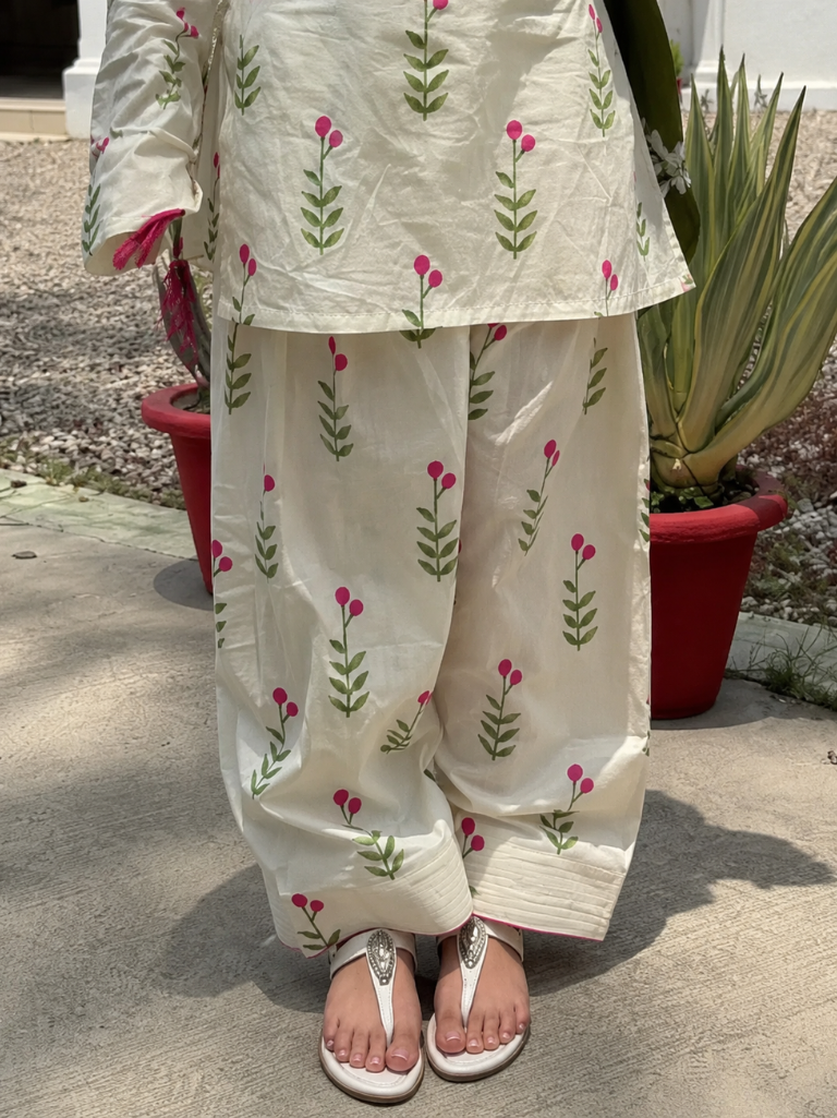 Off White Floral Printed Cotton Kurta Palazzo Set with Olive Green Dupatta