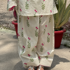 Off White Floral Printed Cotton Kurta Palazzo Set with Olive Green Dupatta