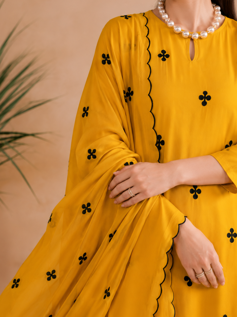 Mustard Yellow Embroidered Kurta Pant Set with Dupatta