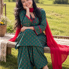 Teal Green Floral Printed Cotton Kurta Salwar Set with Red Chiffon Dupatta (KSDGREENKUSHA)
