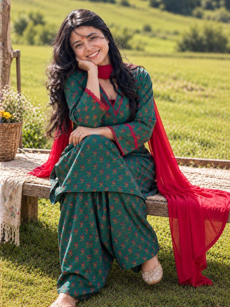 Teal Green Floral Printed Cotton Kurta Salwar Set with Red Chiffon Dupatta (KSDGREENKUSHA)