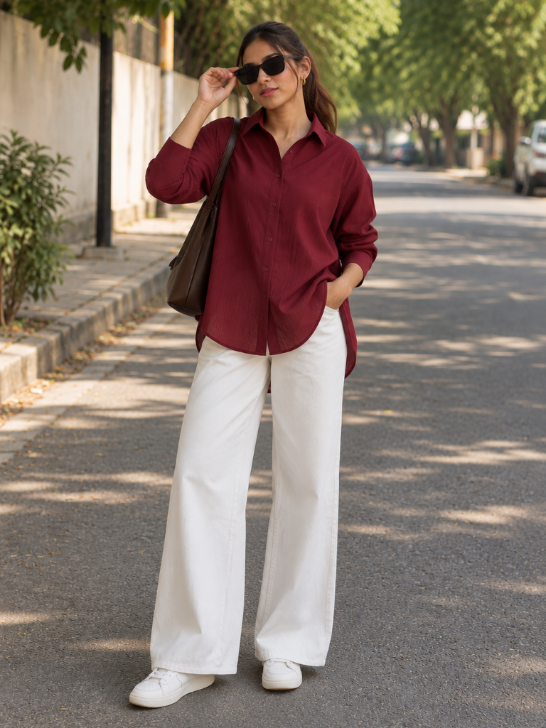Women’s Maroon Solid Relaxed Fit Full Sleeve Shirt