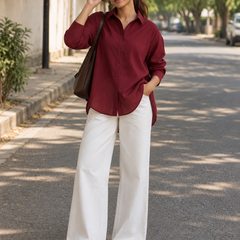 Women’s Maroon Solid Relaxed Fit Full Sleeve Shirt