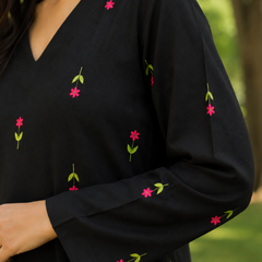 Black Floral Embroidered V-Neck Kurta with Pink Palazzo Set for Women