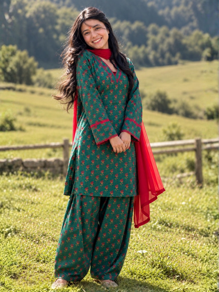 Teal Green Floral Printed Cotton Kurta Salwar Set with Red Chiffon Dupatta (KSDGREENKUSHA)
