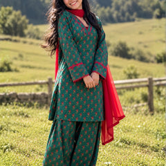 Teal Green Floral Printed Cotton Kurta Salwar Set with Red Chiffon Dupatta (KSDGREENKUSHA)