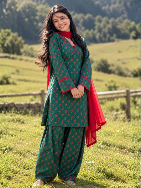 Teal Green Floral Printed Cotton Kurta Salwar Set with Red Chiffon Dupatta (KSDGREENKUSHA)