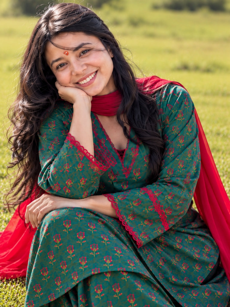 Teal Green Floral Printed Cotton Kurta Salwar Set with Red Chiffon Dupatta (KSDGREENKUSHA)