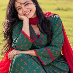 Teal Green Floral Printed Cotton Kurta Salwar Set with Red Chiffon Dupatta (KSDGREENKUSHA)