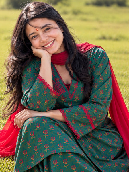 Teal Green Floral Printed Cotton Kurta Salwar Set with Red Chiffon Dupatta (KSDGREENKUSHA)
