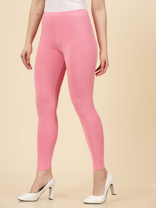 Stylum Women's Solid Mid Rise Cotton Lycra Ankle Length Leggings (ANKLE_BABYPINK)