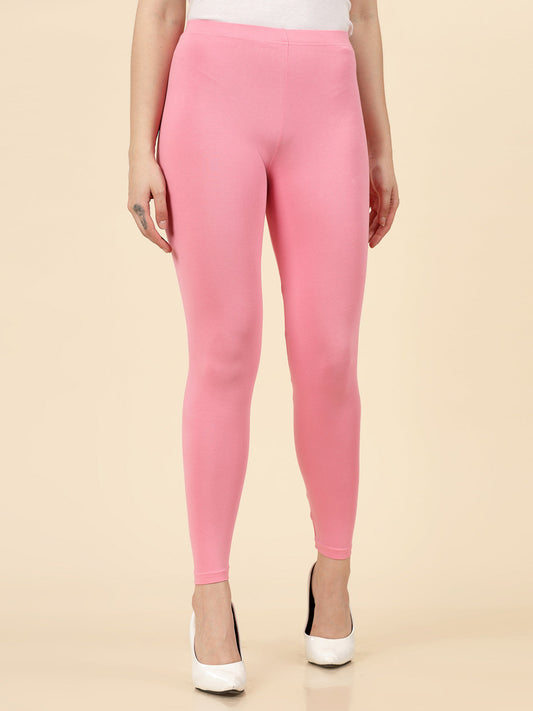 Stylum Women's Solid Mid Rise Cotton Lycra Ankle Length Leggings (ANKLE_BABYPINK)