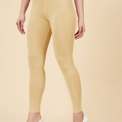 Stylum Women's Solid Mid Rise Cotton Lycra Ankle Length Leggings (ANKLE_BEIGE)