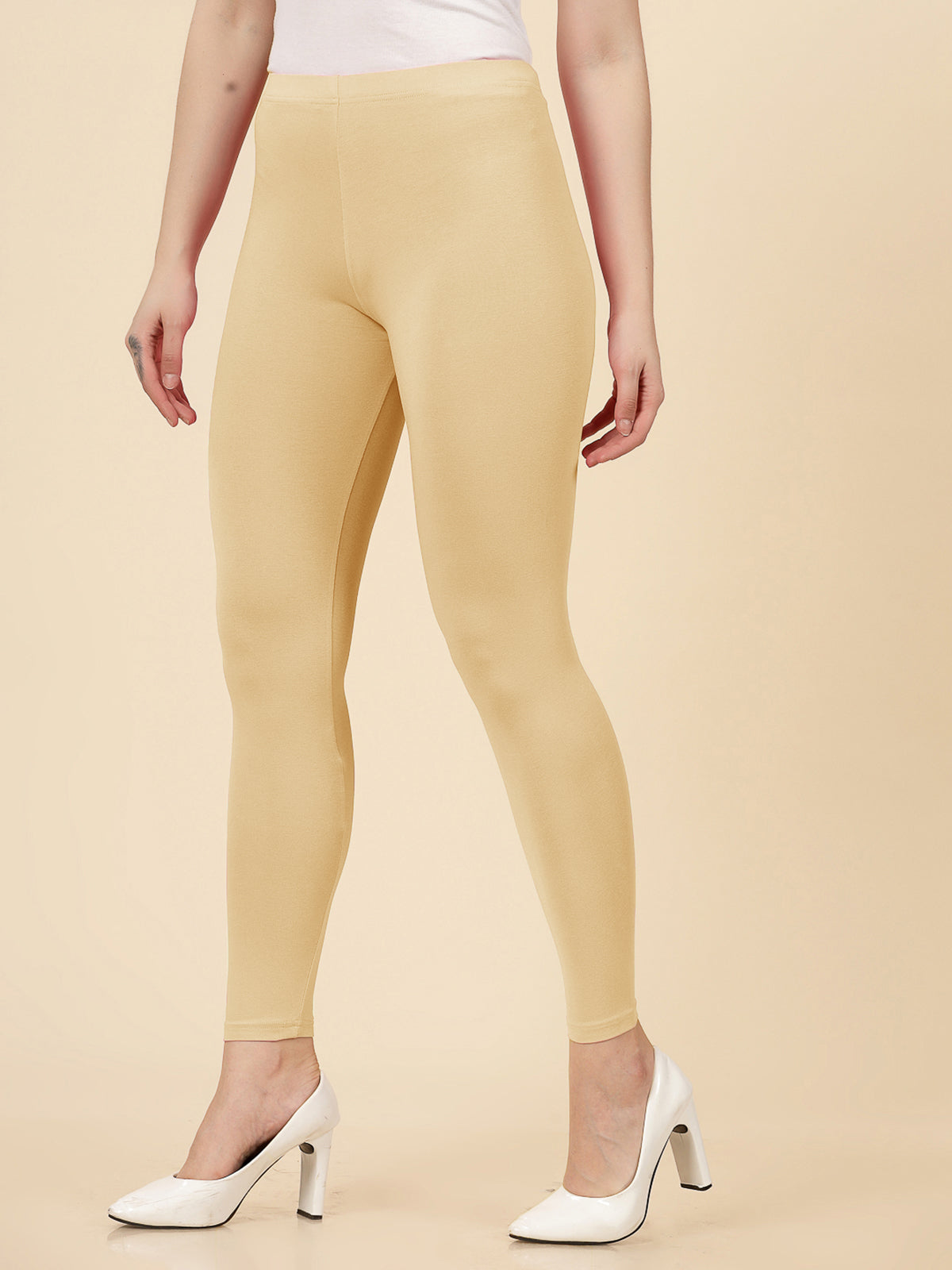 Stylum Women's Solid Mid Rise Cotton Lycra Ankle Length Leggings (ANKLE_BEIGE)