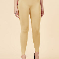 Stylum Women's Solid Mid Rise Cotton Lycra Ankle Length Leggings (ANKLE_BEIGE)