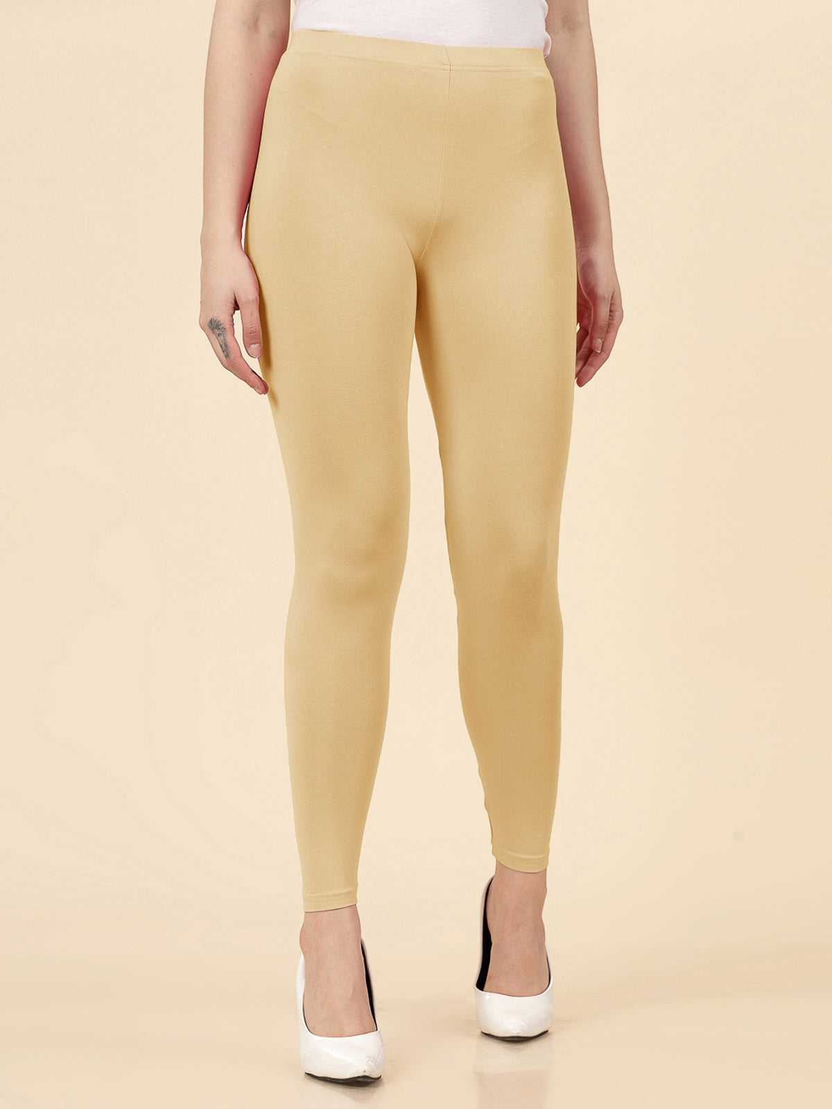 Stylum Women's Solid Mid Rise Cotton Lycra Ankle Length Leggings (ANKLE_BEIGE)