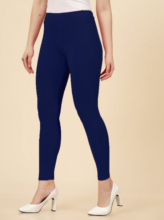 Stylum Women's Solid Mid Rise Cotton Lycra Ankle Length Leggings (ANKLE_NAVY)