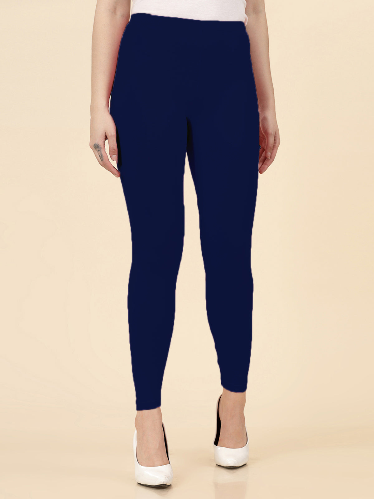 Stylum Women's Solid Mid Rise Cotton Lycra Ankle Length Leggings (ANKLE_NAVY)