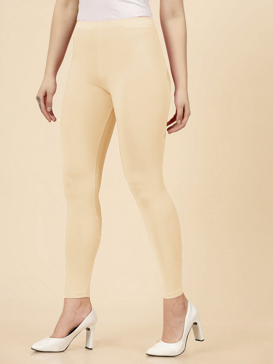 Stylum Women's Solid Mid Rise Cotton Lycra Ankle Length Leggings (ANKLE_OFFWHITE)