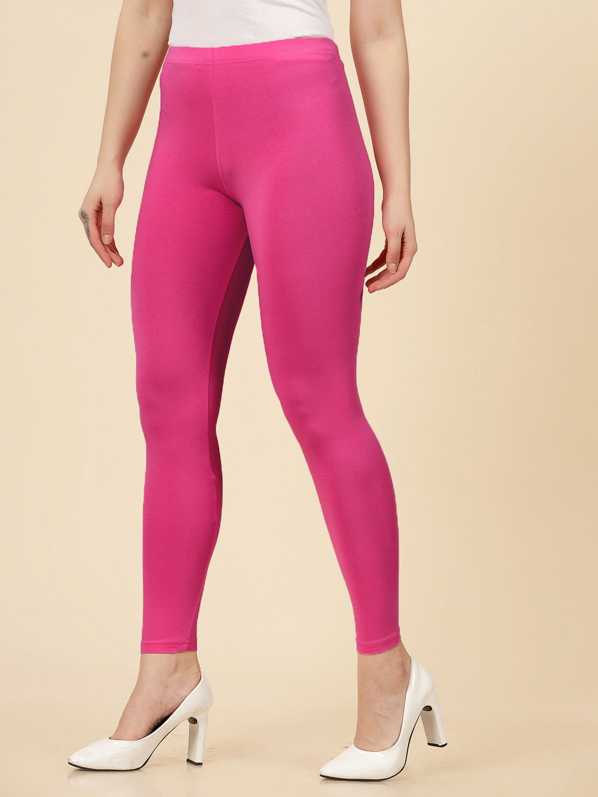 Stylum Women's Solid Mid Rise Cotton Lycra Ankle Length Leggings (ANKLE_PINK)