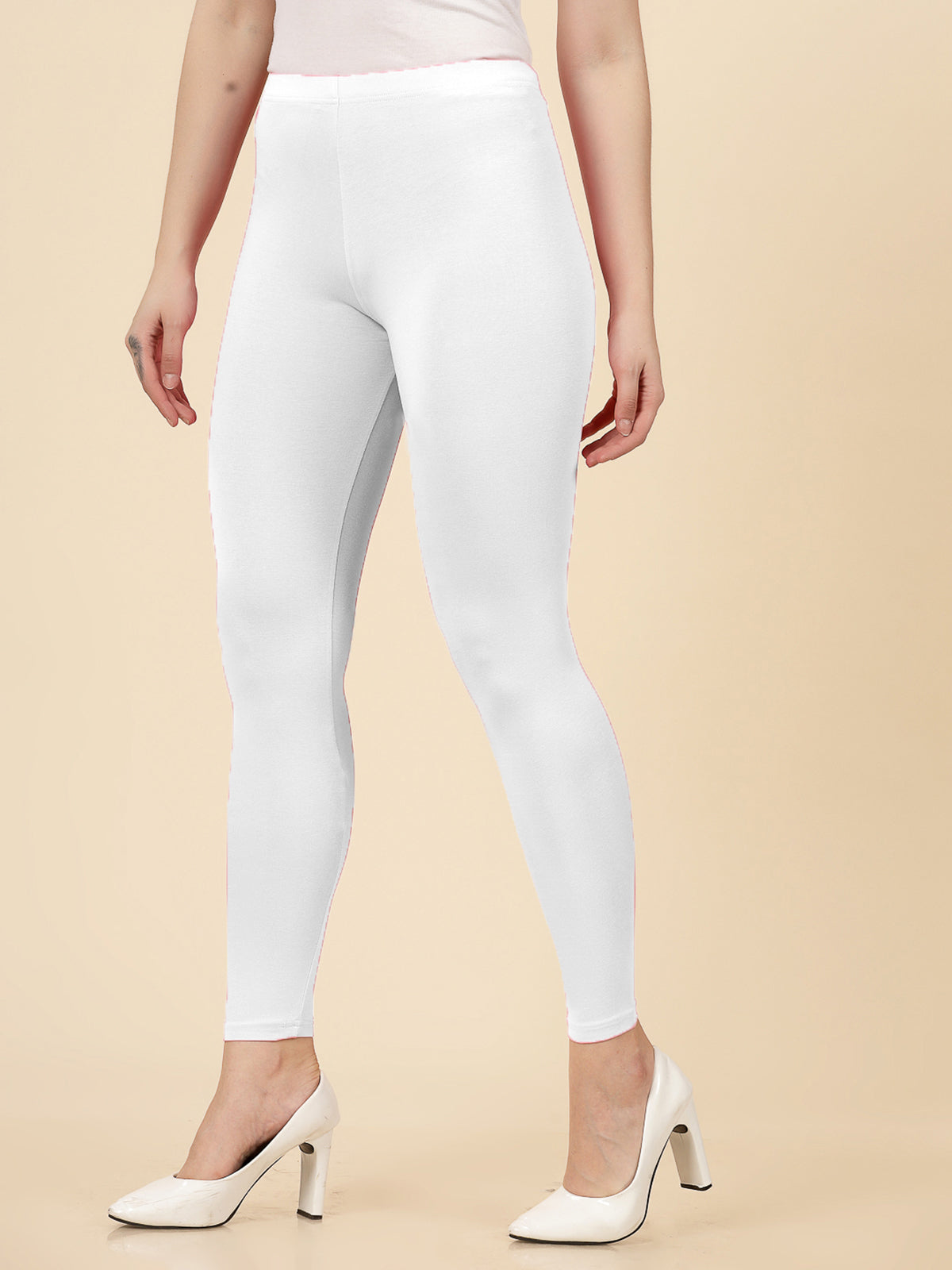 Stylum Women's Solid Mid Rise Cotton Lycra Ankle Length Leggings (ANKLE_WHITE)