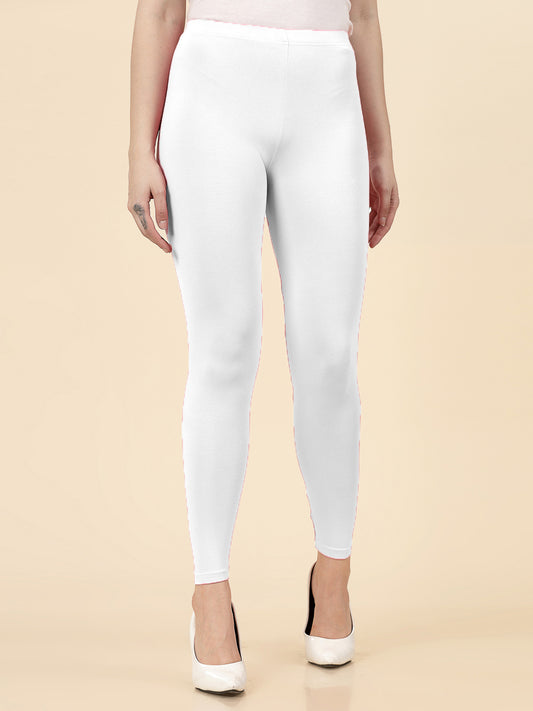 Stylum Women's Solid Mid Rise Cotton Lycra Ankle Length Leggings (ANKLE_WHITE)