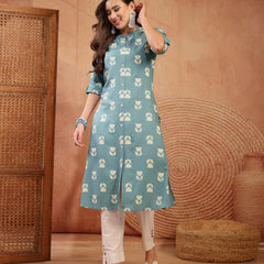 Stylum Women's Aqua Floral Printed Rayon A-Line Kurta (AQUACRAFT)