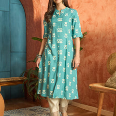 Stylum Women's Aqua Floral Printed Rayon A-Line Kurta (AQUACRAFT)