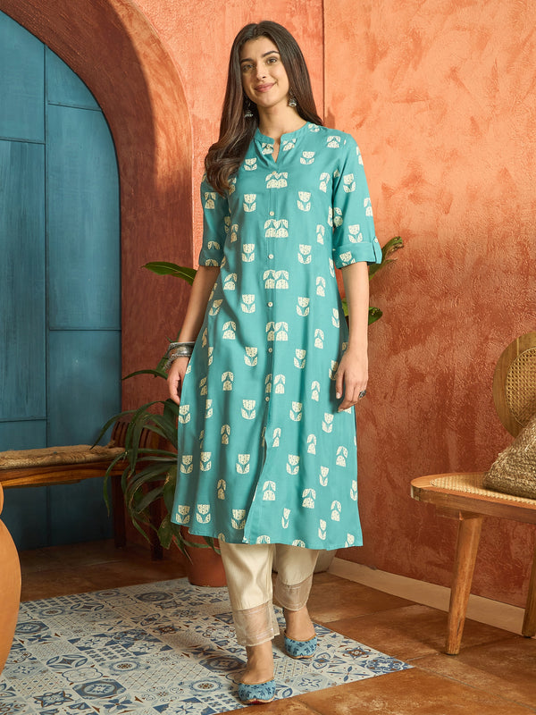 Stylum Women's Aqua Floral Printed Rayon A-Line Kurta (AQUACRAFT)