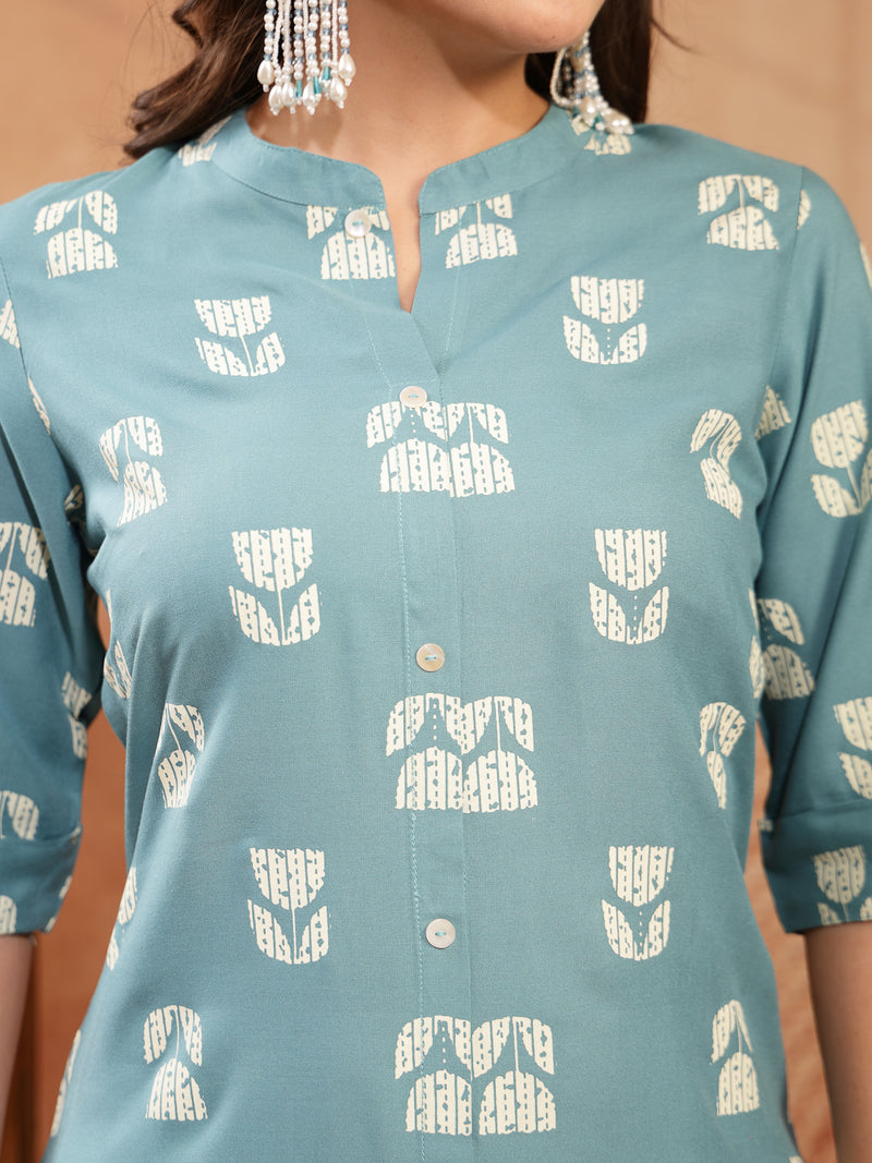 Stylum Women's Aqua Floral Printed Rayon A-Line Kurta (AQUACRAFT)