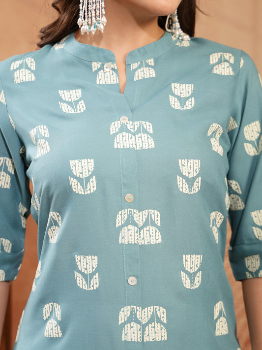 Stylum Women's Aqua Floral Printed Rayon A-Line Kurta (AQUACRAFT)