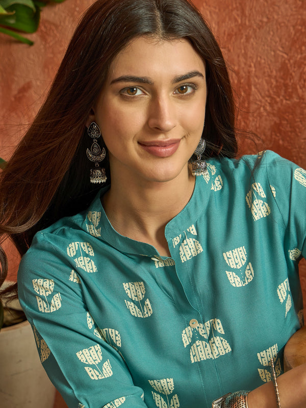 Stylum Women's Aqua Floral Printed Rayon A-Line Kurta (AQUACRAFT)