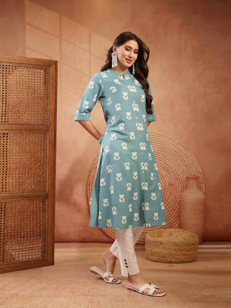 Stylum Women's Aqua Floral Printed Rayon A-Line Kurta (AQUACRAFT)