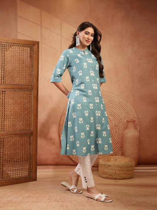 Stylum Women's Aqua Floral Printed Rayon A-Line Kurta (AQUACRAFT)