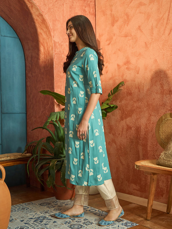 Stylum Women's Aqua Floral Printed Rayon A-Line Kurta (AQUACRAFT)